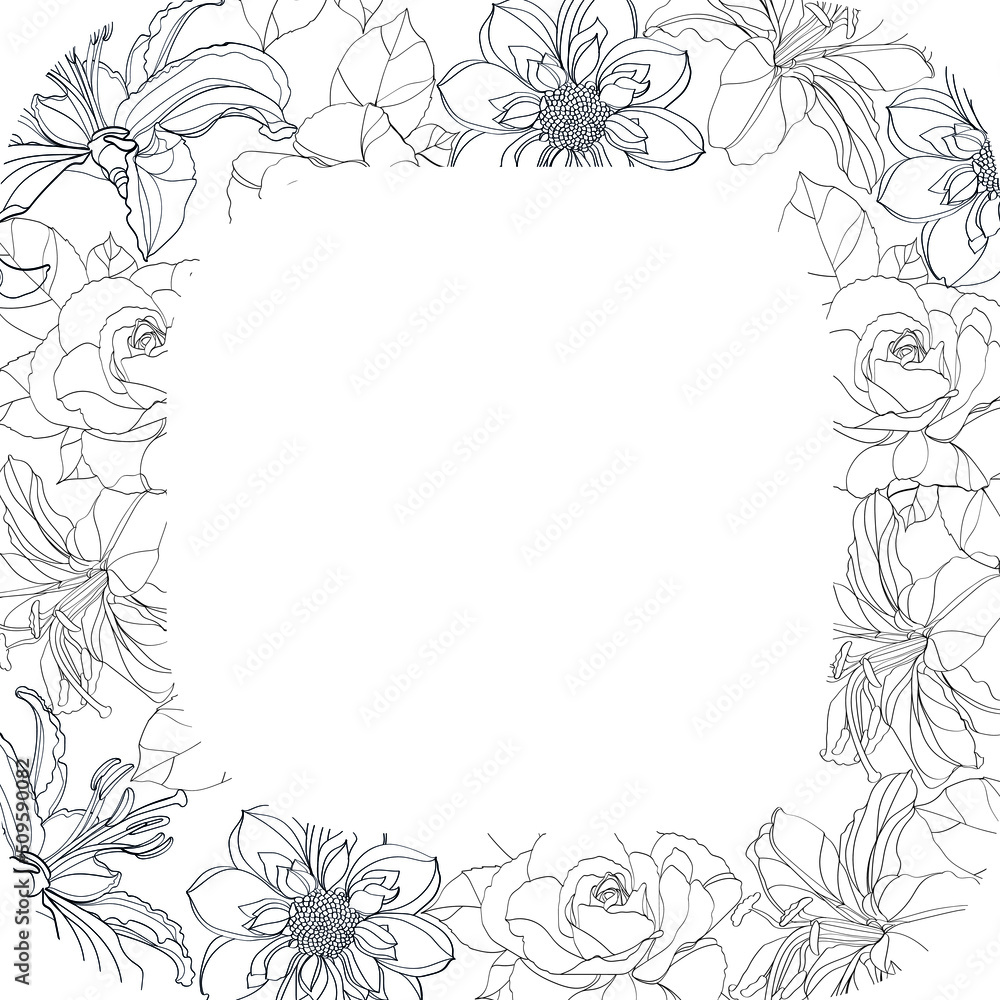 Beautiful outline floral frame,black and white flowers frame Beautiful outline floral frame,black and white flowers frame