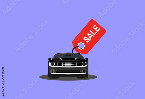 Car  sale, flat cartoon automobile with sale tag, idea of rent or buy service promotion label