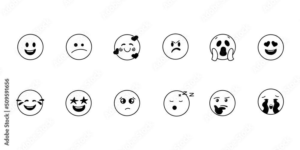 Doodle vector emodji set. Hand drawn face expressions, happy, sad mood. Different mood. Positive, negative human feelings. Vector illustration Doodle vector emodji set. Hand drawn face expressions, happy, sad mood. Different mood. Positive, negative human feelings. Vector illustration