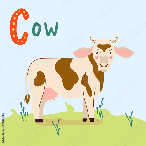 Cow isolated on green grass. Vector cow illustration in cartoon flat style. Farm animal for kids design