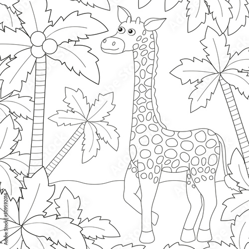 Coloring book page for kids with a giraffe and palms. Cute animal art.