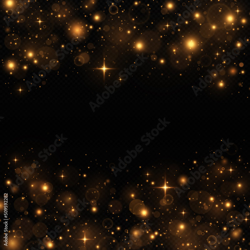 Sparkling magical dust particles. The dust sparks and golden stars shine with special light on a black background. Christmas concept.