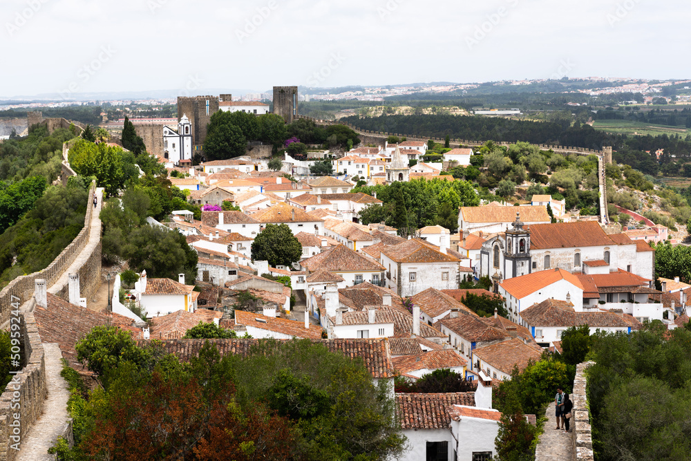 Panoramic view over castle and town of Obidos Portugal.