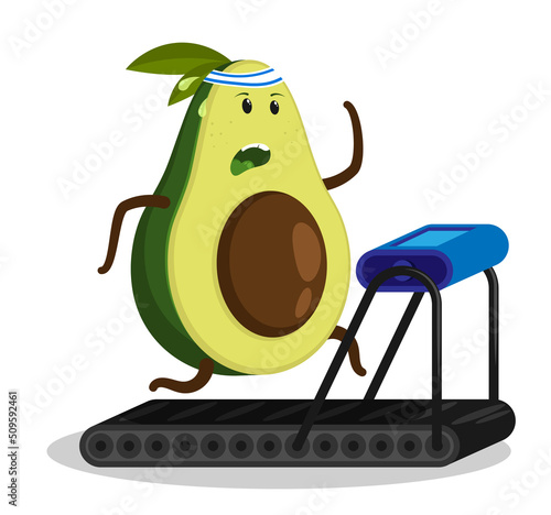 Sports fruit avocado runs on treadmill. Endurance training in gym. Healthy fruits. Cartoon vector character isolated on white background