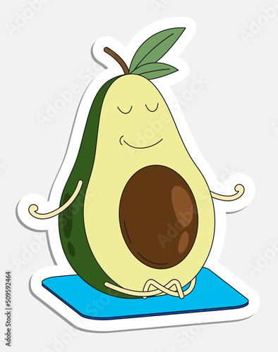 Peaceful avocado fruit meditates in lotus position. Mind training and zen achievement. Hand drawn cartoon icon with stroke. Cartoon vector sticker isolated on white background