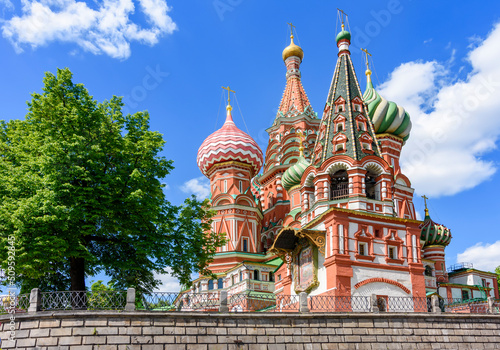 Cathedral of Vasily the Blessed (Saint Basil's Cathedral) and Spasskaya tower on Red Square at sunset, Moscow, Russia