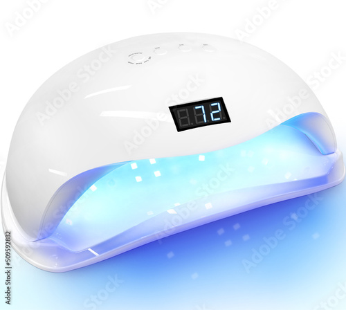 Woman Nail Polish process.  using shellac uv led lamp.UV lamp for drying shellac on nails.Manicure and gel nail Polish concept. lamp lights for nail