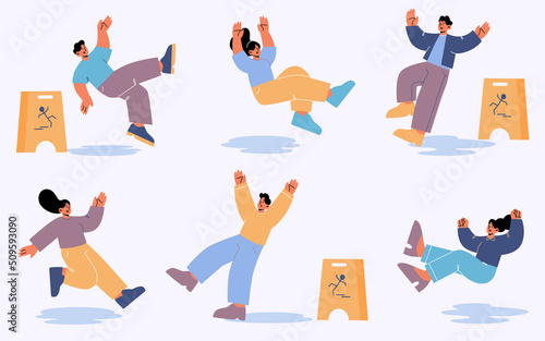 People fall down after slip on wet floor. Vector flat illustration with caution sign and characters slide on water or slippery floor and falling with injury risk isolated on white background photo