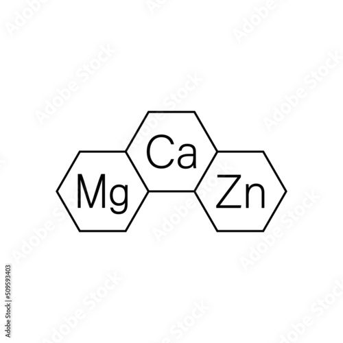 Calcium, magnesium and zinc vitamins. Ca, Mg, Zn icon and logo. Vector clipart and drawing. Isolated illustration on white background.