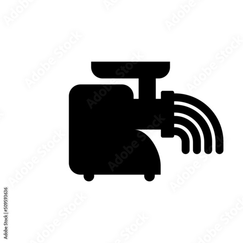 Electric meat grinder icon with mince. Black silhouette. Isolated vector illustration on white background.