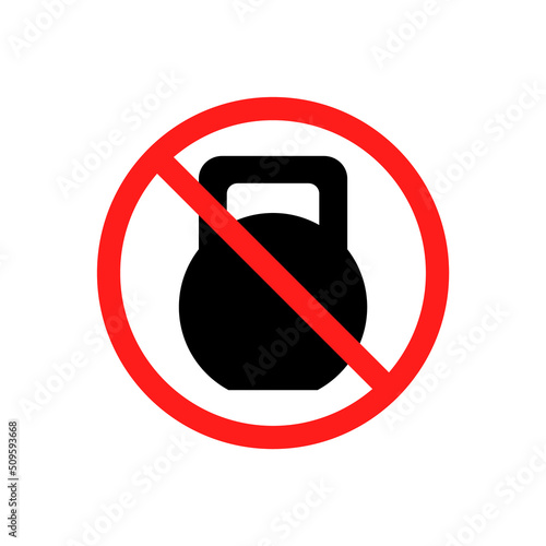 Kettlebell icon and prohibition sign. Ban on lifting weights and exercising. Isolated vector illustration on white background.