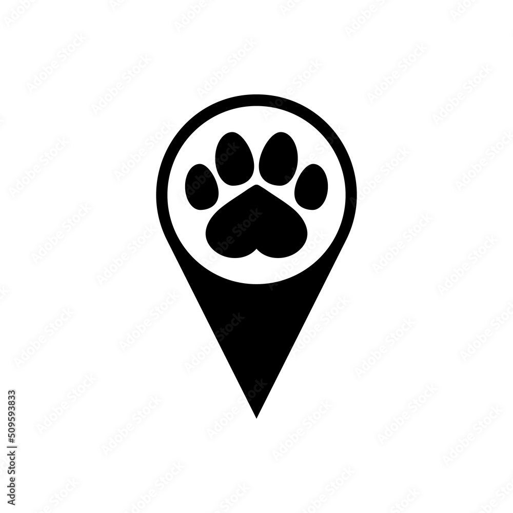 Dog paw print icon with heart on location pin. Silhouette. Isolated ...