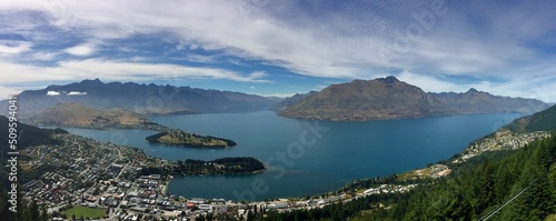 Panorama of Queenstown in New-Zealand with Wakatipu Lake and mountains behind.
