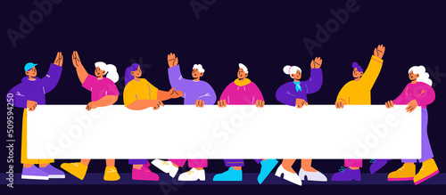 Group of happy people holding blank horizontal banner together. Vector flat illustration of men and women activists with white placard on presentation or demonstration