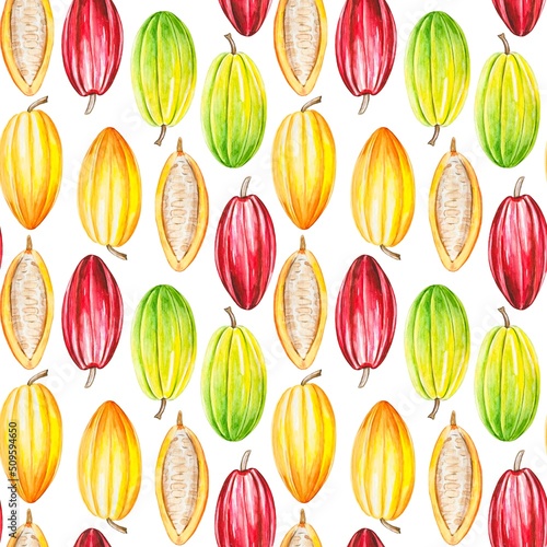Seamless tropical pattern with cocoa fruits. Watercolor hand drawn illustration