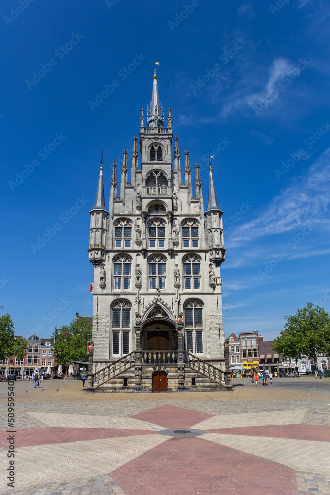 Market square and historic town hall in Gouda, Netherlands