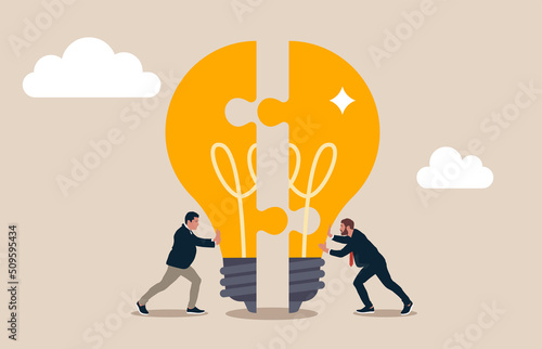 Entrepreneur team members partner connect lightbulb jigsaw puzzle together. Teamwork or partnership for business success, innovation or creativity to solve problem, brainstorm or connect idea.