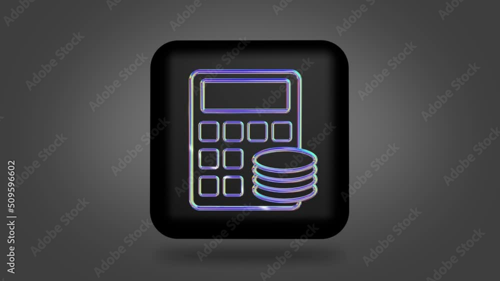 The appearance of a holographic icon on a black cube from a vortex of particles. calculator sign and money next to it. The appearance of a holographic icon on a black cube from a vortex of particles. calculator sign and money next to it.