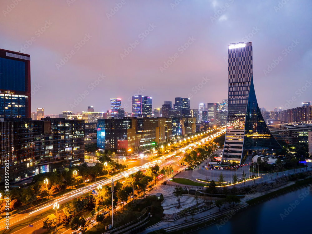 Aerial photography Chengdu modern urban architectural landscape night view