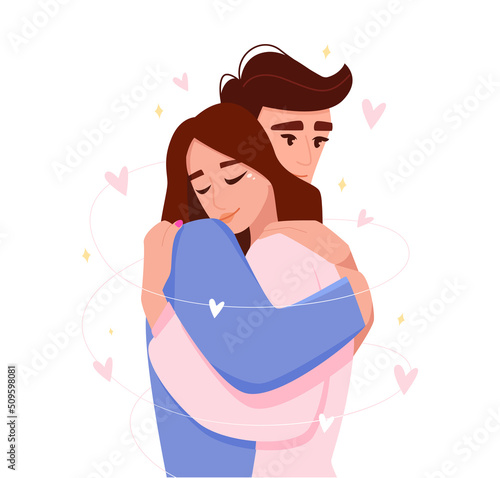 Man and woman are embracing. Couple in love. Happy family of husband and wife. Cartoon characters. Vector illustration.