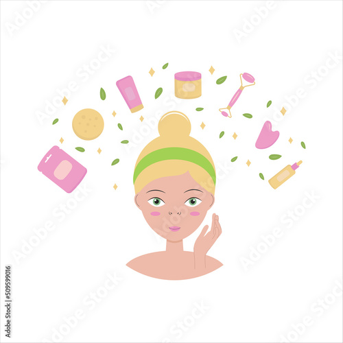 Young woman character with bottle of face oil, facial gua sha stone, massage roller, cream, mask. Facial yoga.  Skincare routine. Vector flat illustration.
