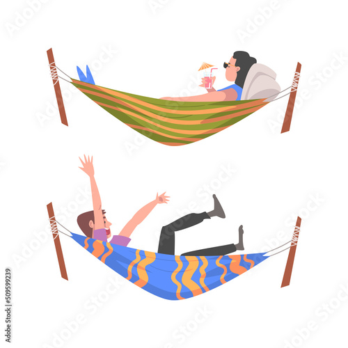 Male and Female Lying in Hammock Drinking Cocktail Having Rest Vector Illustration Set