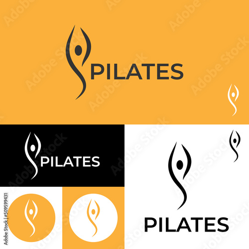 Pilates Logo.Yoga fitness Logo Template.Vector Illustration.Black, yellow And White color.
