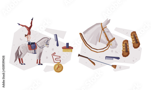 Jockey Club with Man Riding Horse Sitting on Horseback in Saddle Vector Composition Set