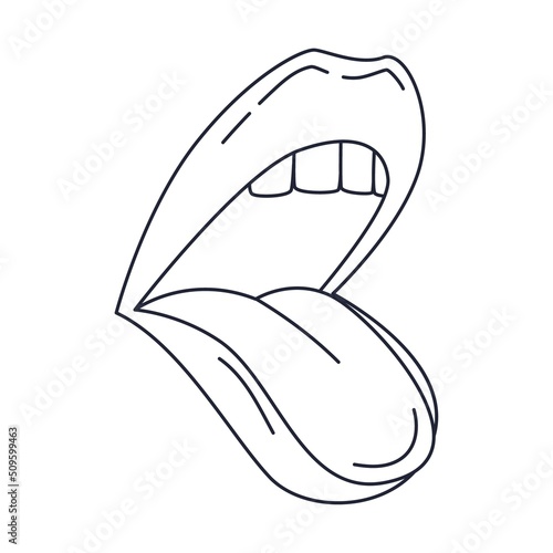 Female talking, singing or screaming open mouth. Shows the tongue. Human lips. Outline doodle. Black and white vector illustration isolated on white background
