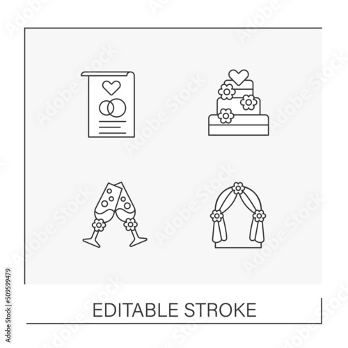 Wedding line icons set. Happy moments. Wedding ceremony and celebration for couple and guests. Party concepts. Isolated vector illustrations. Editable stroke