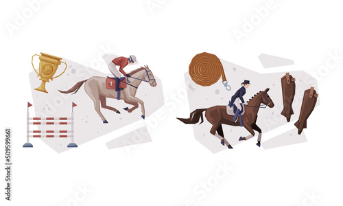 Jockey Club with Man Riding Horse Sitting on Horseback in Saddle Vector Composition Set