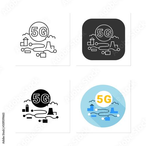5g road map sign icons set.Wireless navigation system.5th generation internet gps technology concept.Telecommunication.Collection of icons in linear, filled, color styles.Isolated vector illustrations