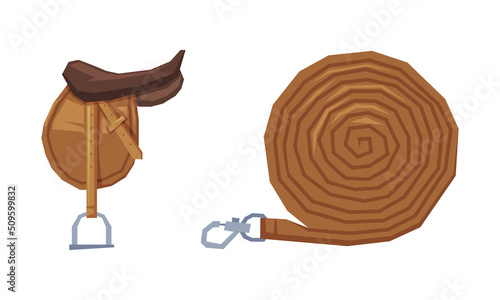 Saddle and Reins as Horse Tack and Equestrian Sport Items for Racing Vector Set