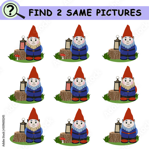 Find same pictures with with cartoon gnomes, lanterns and stumps. Educational logical game for children. Vector illustration.