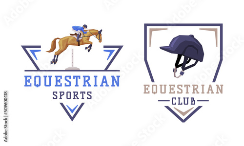 Equestrian Club Logo and Emblem with Jockey on Horseback Vector Set