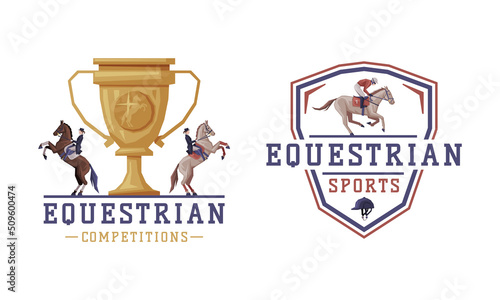 Equestrian Club Logo and Emblem with Jockey on Horseback Vector Set