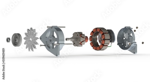 Car alternator exploded view isolated on white background, 3D rendering 