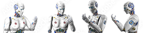 Detailed appearance of the white AI robot under white background. Front and side views. Concept image of automatic operation, optimization and block chain. 3D illustration. 3D CG.