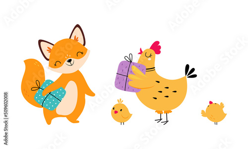 Cute Fox and Chicken Animal Congratulating with Birthday Holiday with Wrapped Gift Box Vector Set © topvectors