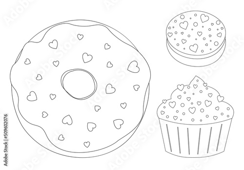 Dessert cupcakes macaroon donuts coloring vector illustration