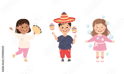 Little Boy and Girl Playing with Soap Bubbles and Maraca Having Happy Childhood Vector Set