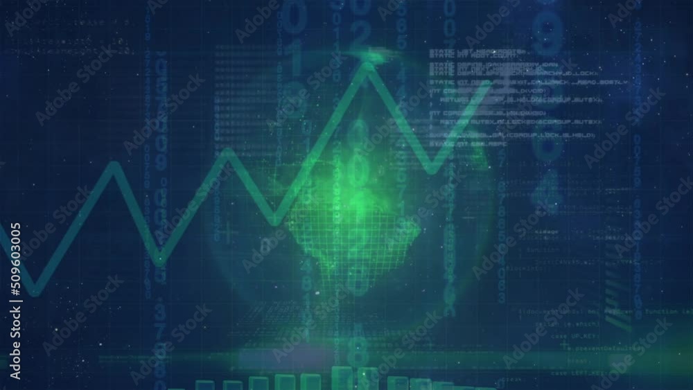 Animation of globe, data and graphs processing on navy digital screen Animation of globe, data and graphs processing on navy digital screen