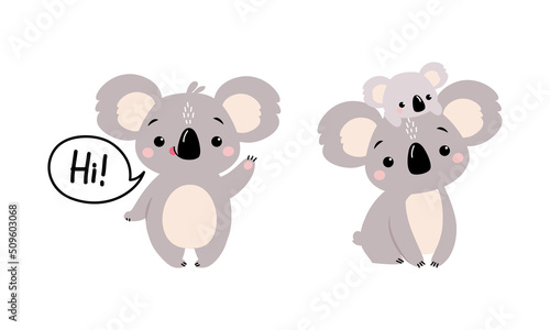 Adorable Koala Arboreal Australian Animal with Round Ears Saying Hi Waving Paw and Carrying Baby Vector Set
