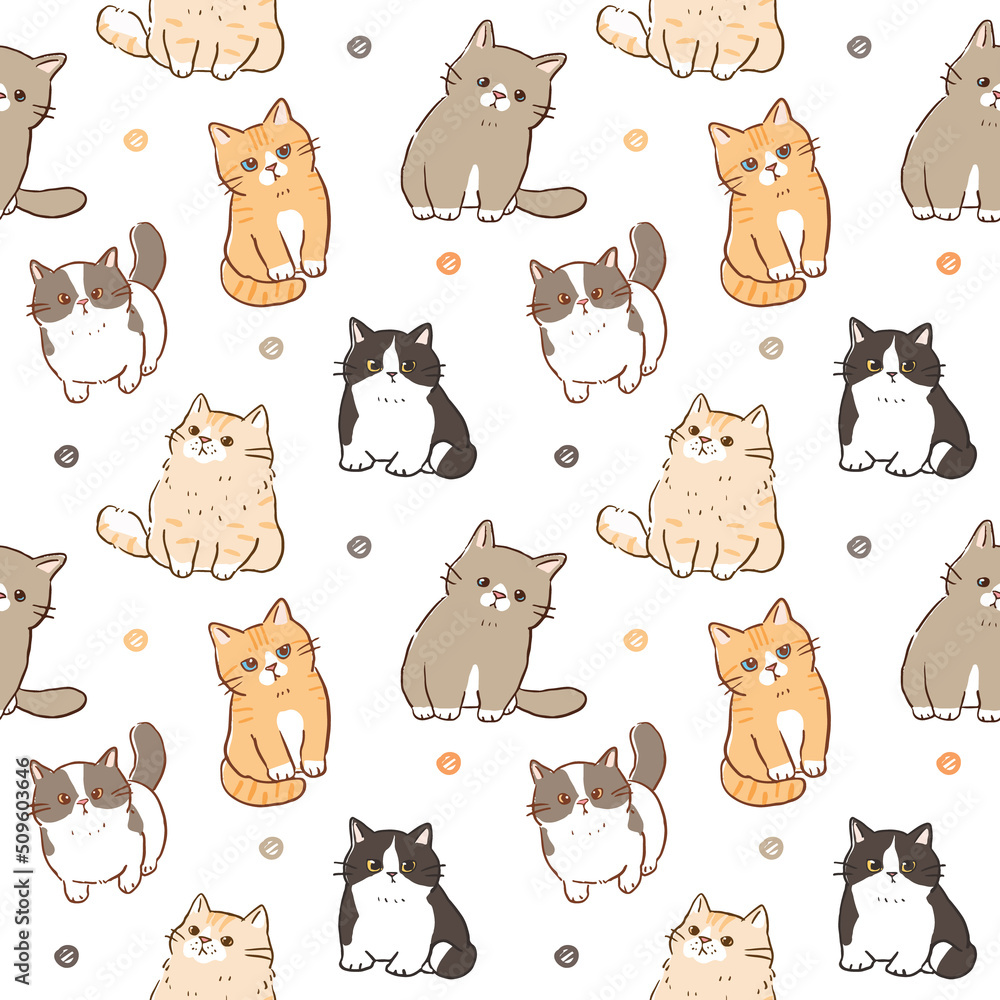Fototapeta premium Seamless Pattern of Hand Drawn Cartoon Cat Design on White Background