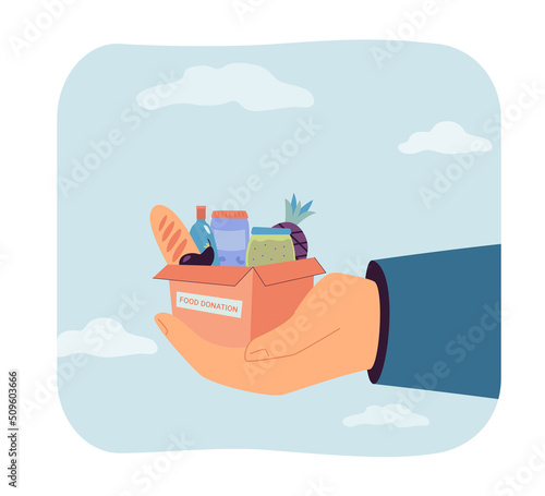 Hand of volunteer donating food in donation box. Person giving help and care to poor people flat vector illustration. Altruism, humanitarian aid concept for banner, website design or landing web page