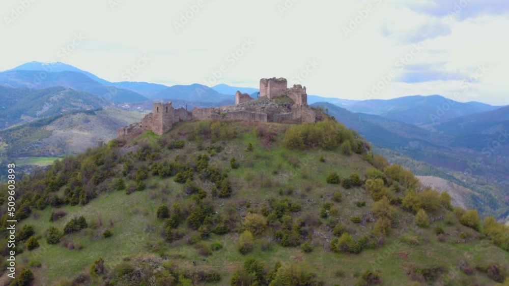 medieval castle koznik - drone shot moving up above the castle medieval castle koznik - drone shot moving up above the castle