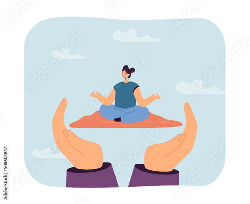 Huge hands holding woman in lotus pose in yoga mat. Girl meditating or practicing yoga flat vector illustration. Health, wellness, relaxation concept for banner, website design or landing web page