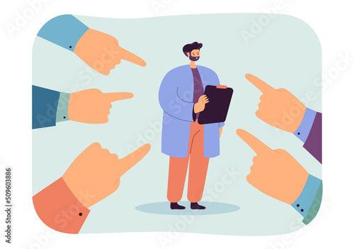 Tiny doctor or scientist surrounded by pointing fingers. Person standing with document on clipboard flat vector illustration. Attention, science concept for banner, website design or landing web page
