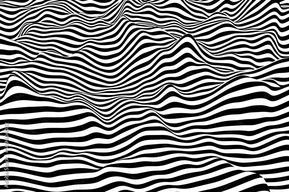 Dynamic curved wave lines background. Trendy stripes texture illustration. Abstract black and white liquid twisted pattern