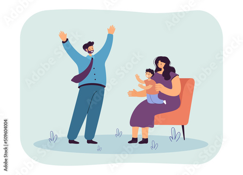 Mother and son meeting father homecoming from work. Happy baby boy sitting on lap of woman flat vector illustration. Love, relationship concept for banner, website design or landing web page